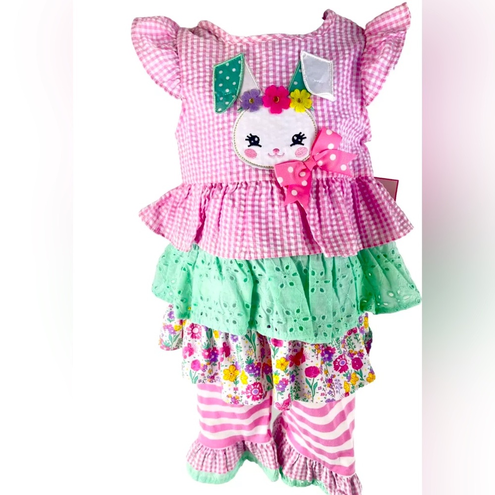 Rare Editions Easter 2 PC Girls 24 mo Pink check green ruffles Bunny